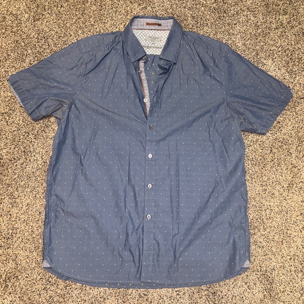 Ted Baker London men's small short-sleeve button-front shirt blue & yellow dot